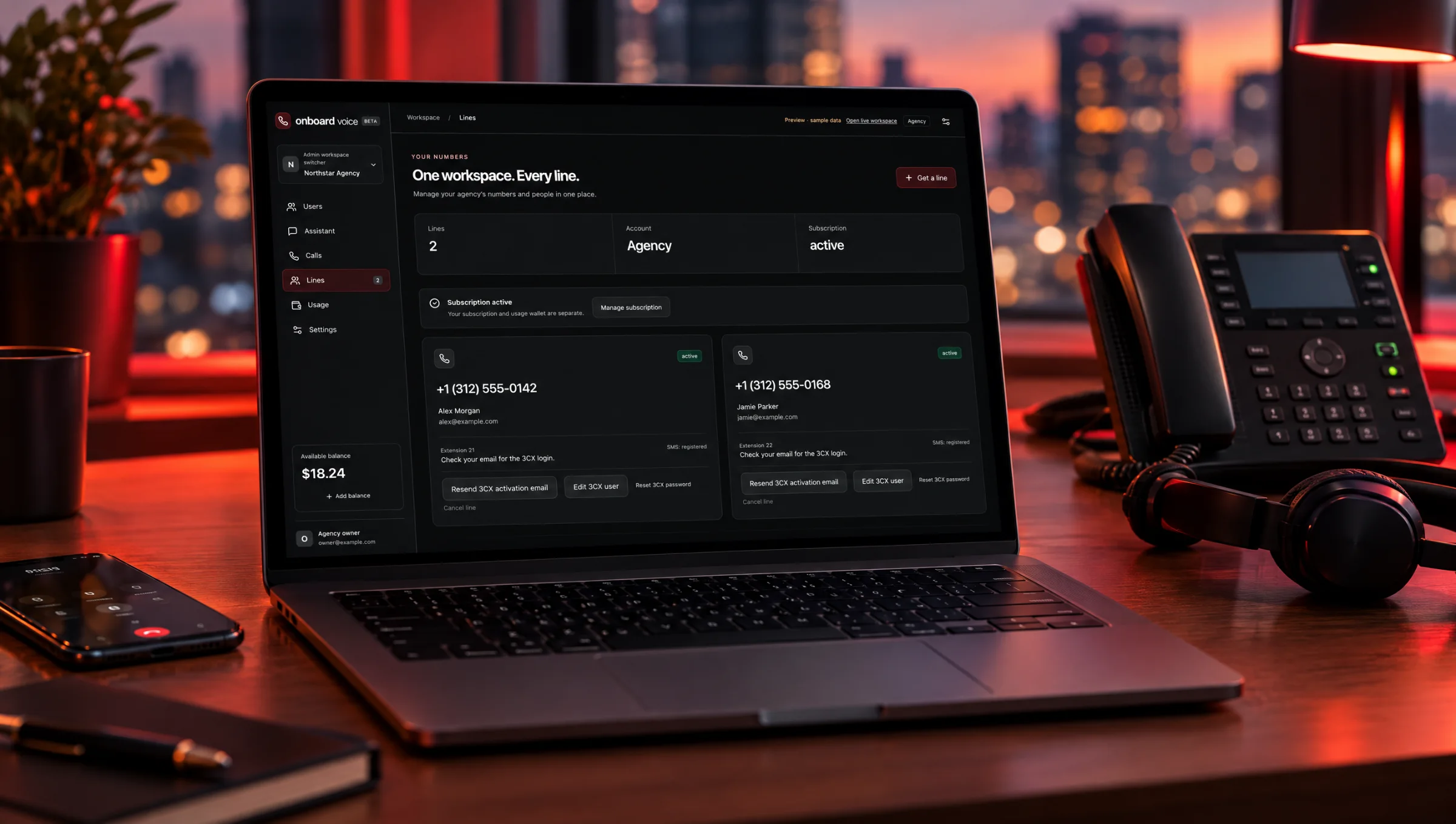 Onboard Voice demo dashboard showing a shared business phone workspace