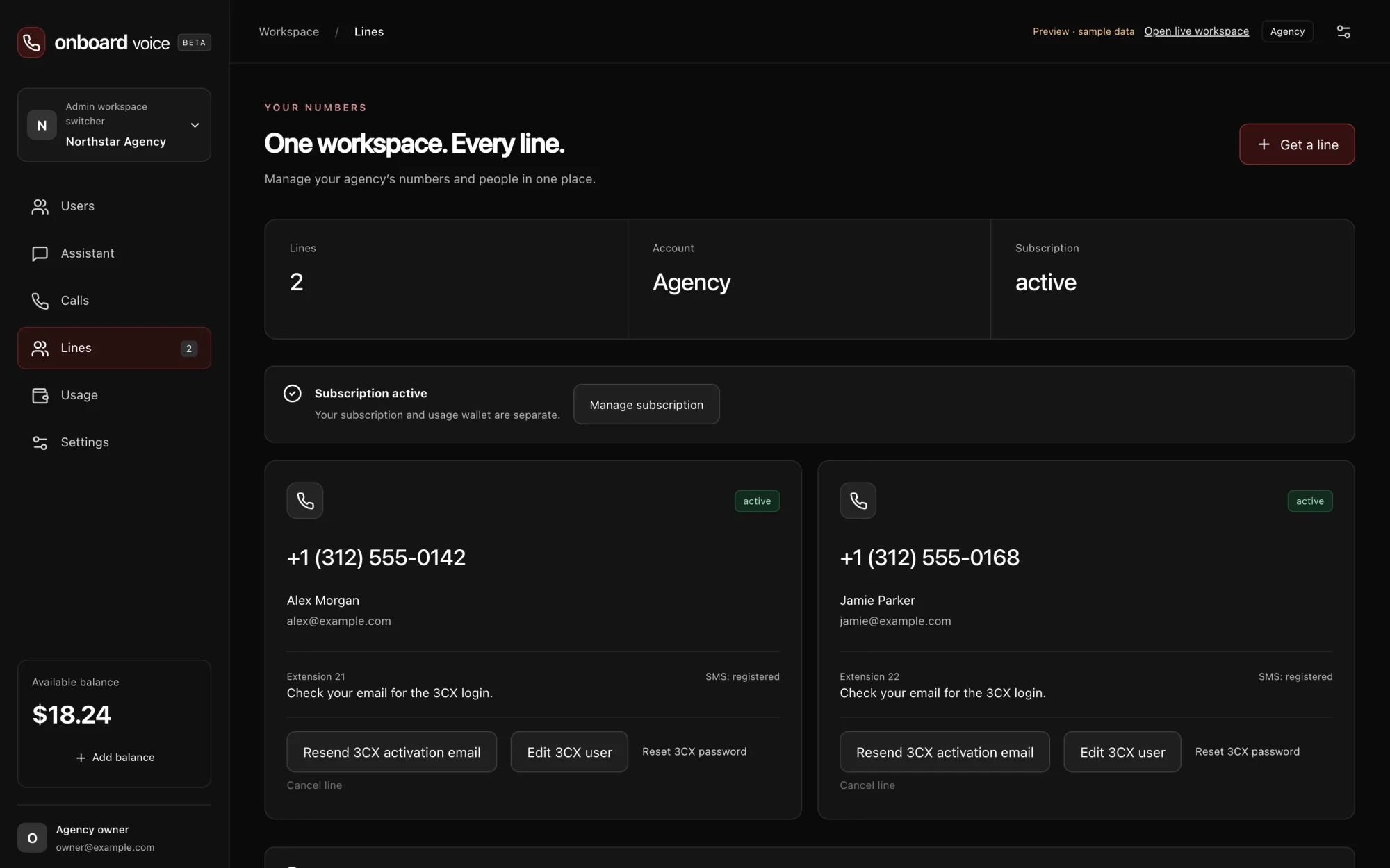 Demo lines screen showing business numbers and assigned team members
